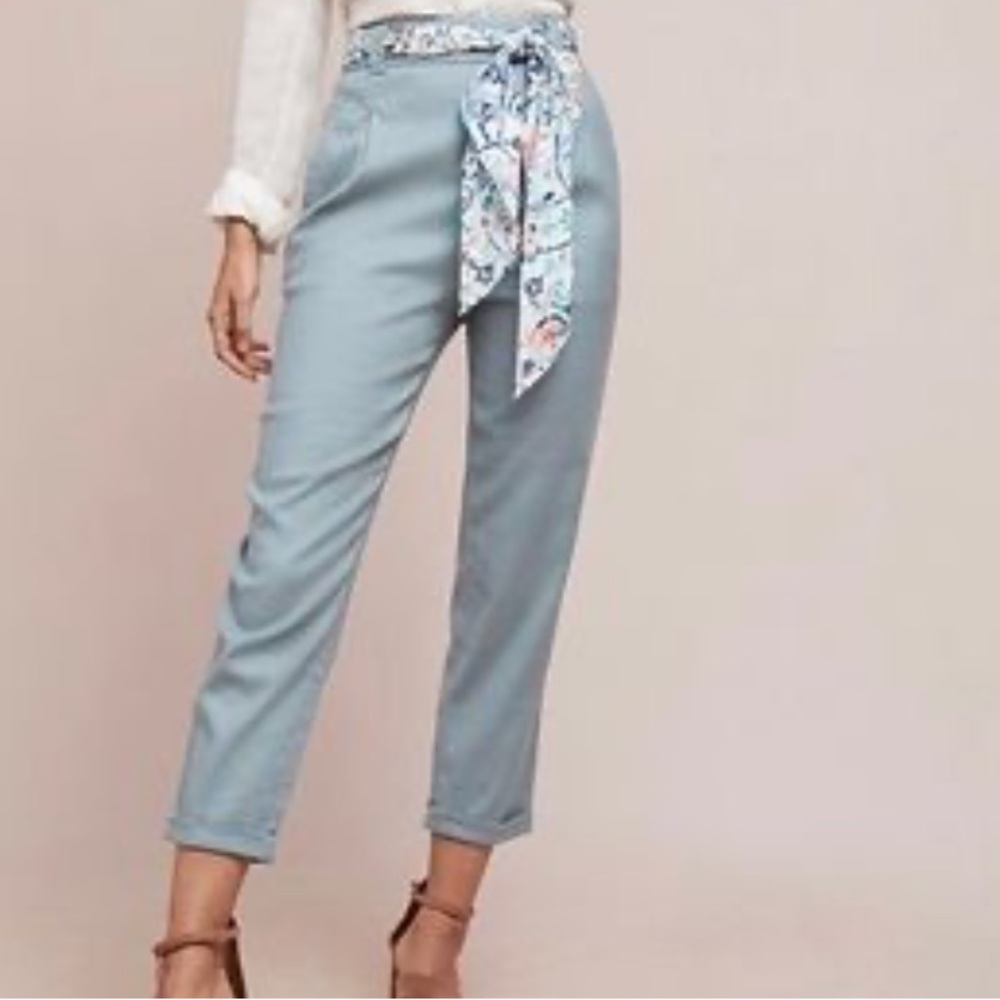 Ett Twa for Anthropologie Ultra High Rise Cropped Pants Linen Blend Dusty Blue 6